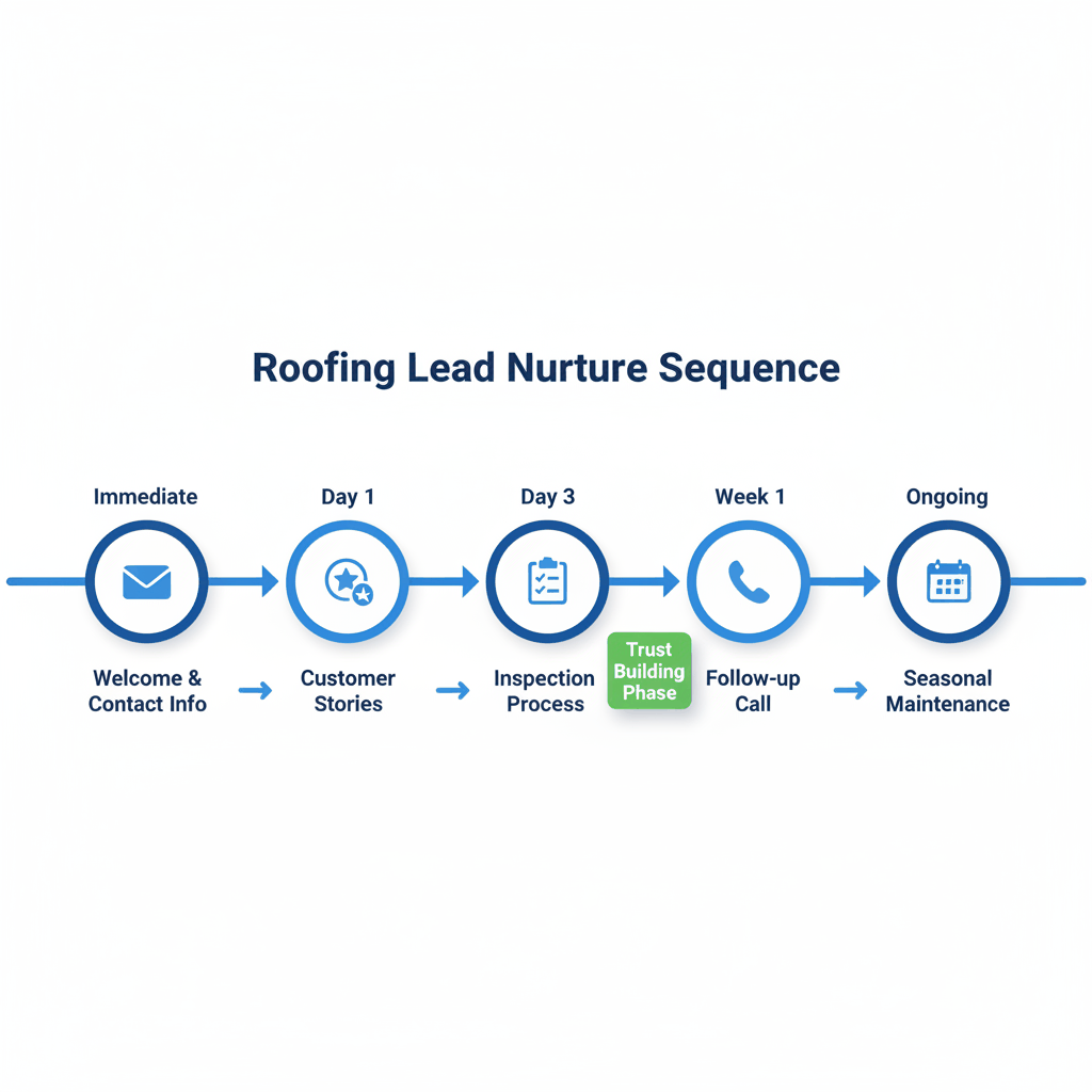 Roofing email automation sequence timeline showing 5-step nurture process from immediate welcome to ongoing seasonal maintenance