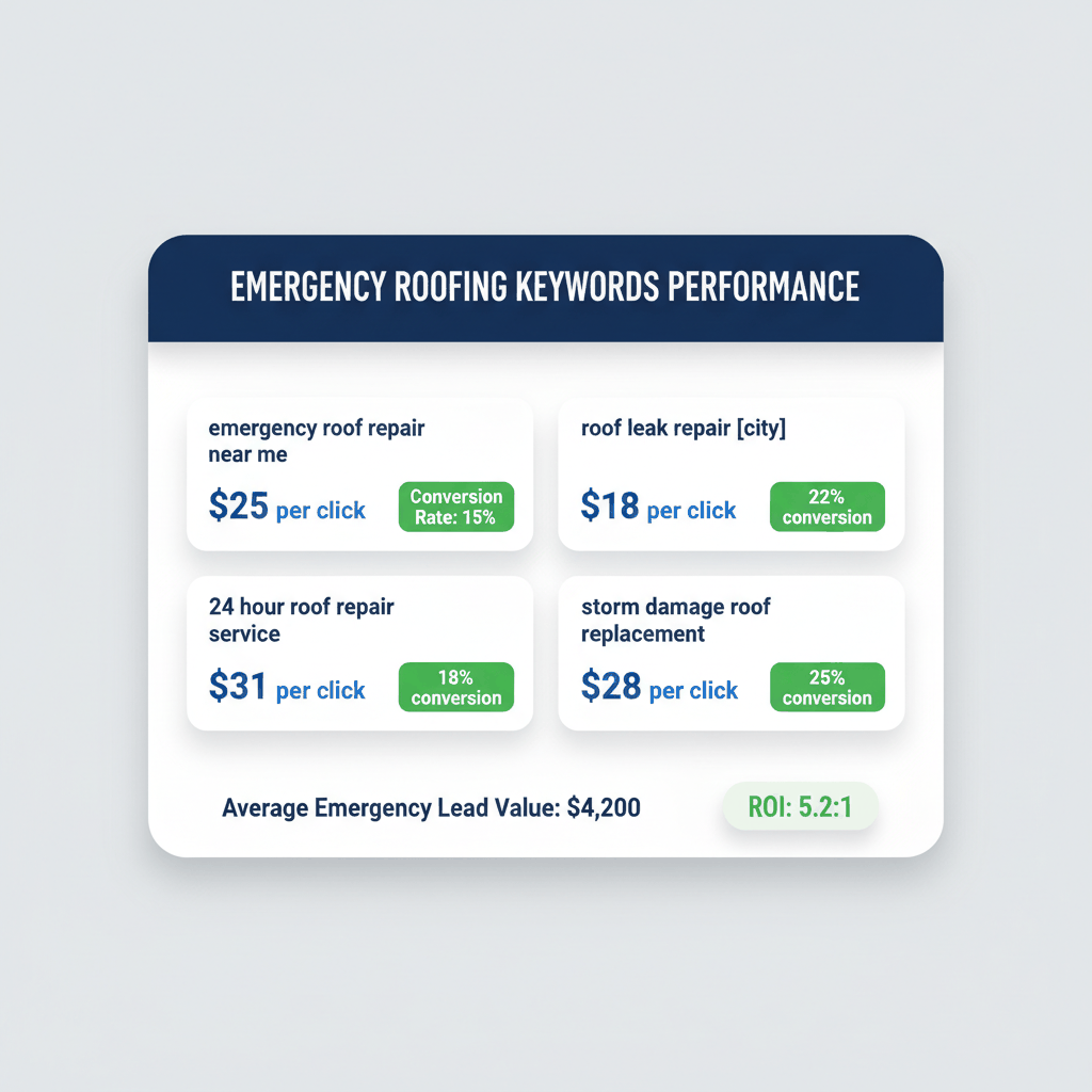 Emergency roofing keywords performance dashboard showing cost per click, conversion rates, and ROI for high-intent search terms like roof repair and storm damage