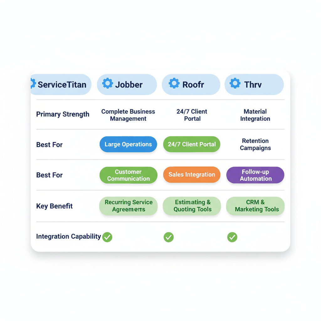 Technology solutions comparison showing ServiceTitan, Jobber, Roofr, and Thryv features for roofing maintenance program management