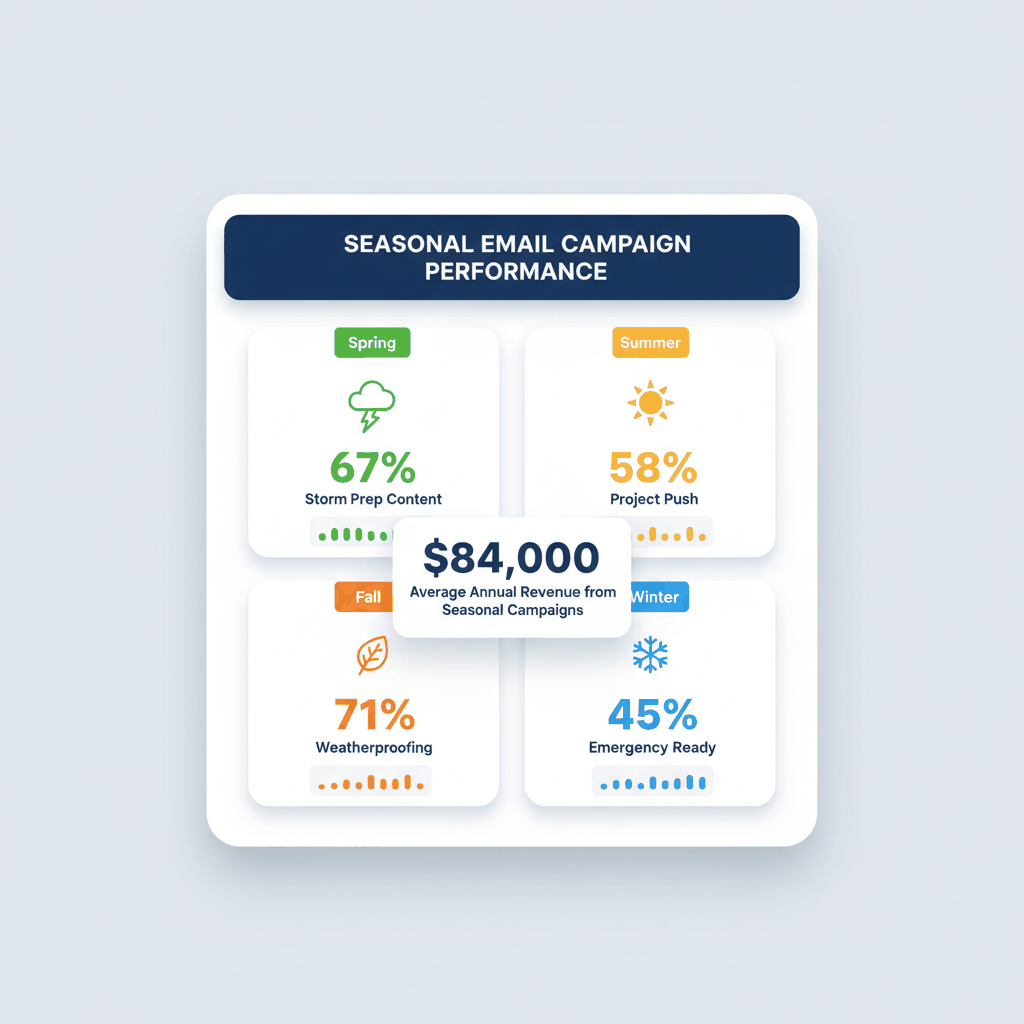 Seasonal roofing email campaign performance dashboard showing open rates and revenue by quarter with spring performing at 67% and generating $84,000 annually