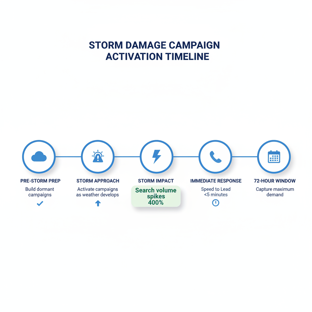 Storm season campaign timeline showing five-phase activation strategy from pre-storm preparation through 72-hour capture window with search volume spike data