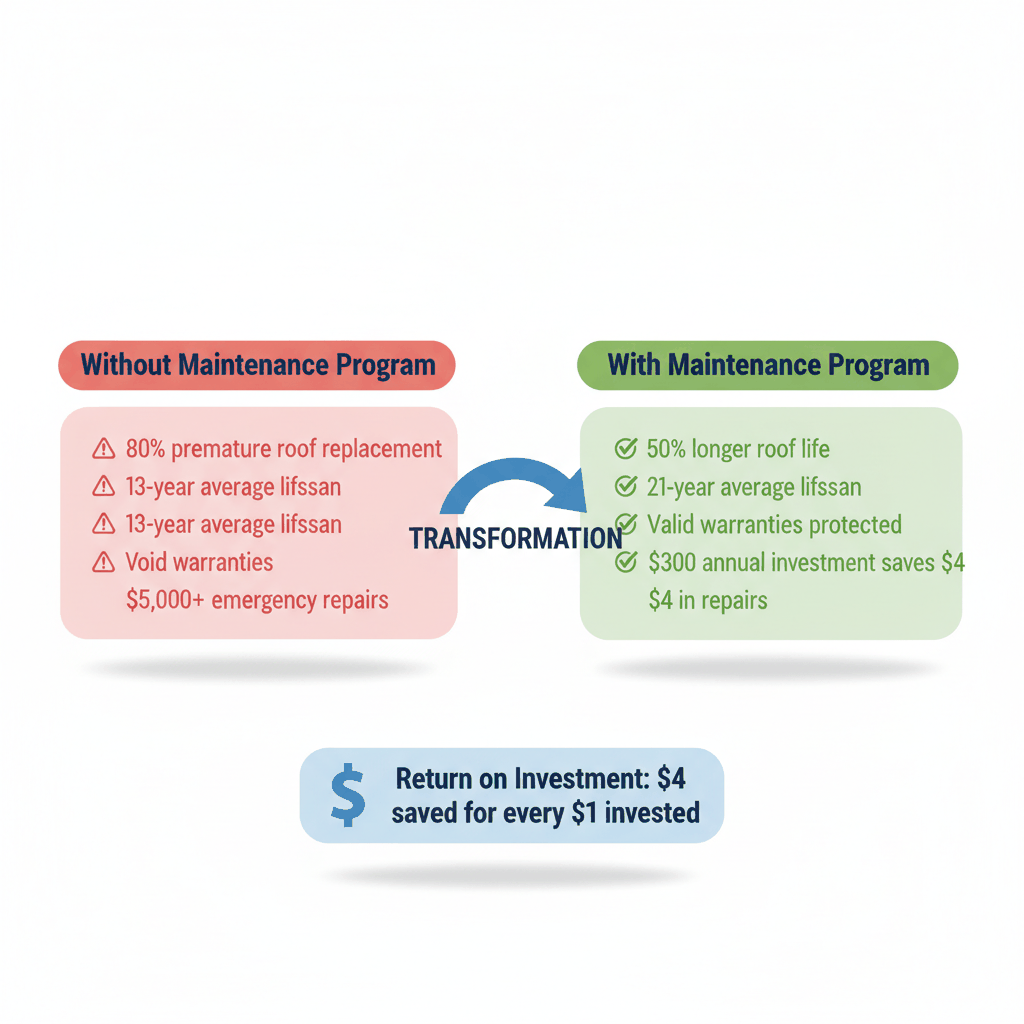 Value proposition comparison showing roof replacement at 13 years without maintenance versus 21 years with maintenance program - $4 ROI per dollar invested
