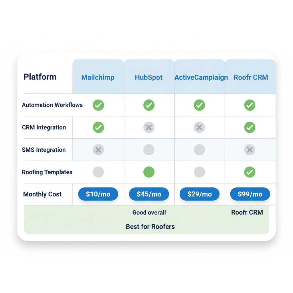 Email marketing platform comparison matrix for roofing contractors showing features and pricing for Mailchimp, HubSpot, ActiveCampaign, and Roofr CRM
