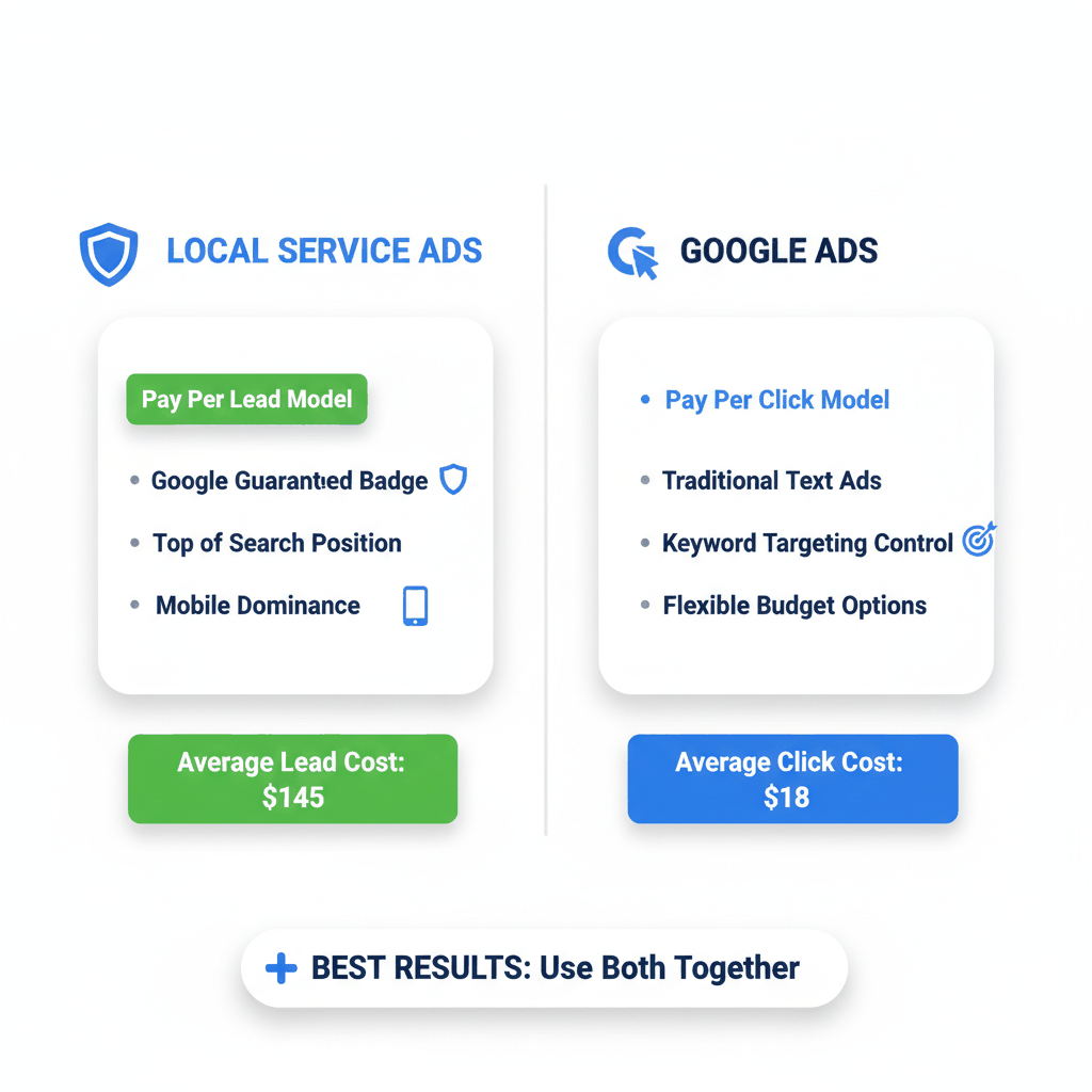 Local Service Ads versus Google Ads comparison chart for roofers showing pay-per-lead vs pay-per-click models, costs, and positioning benefits