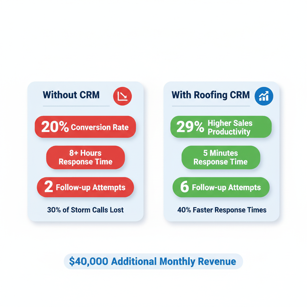 Roofing CRM statistics comparison showing 29% sales productivity increase and faster response times