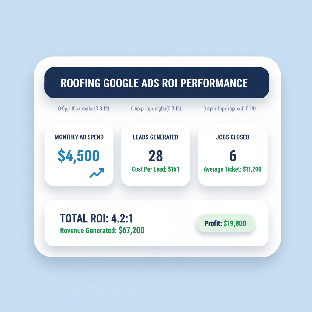 Roofing Google Ads ROI performance dashboard showing $4,500 monthly spend generating 4.2:1 return with specific lead costs and revenue metrics