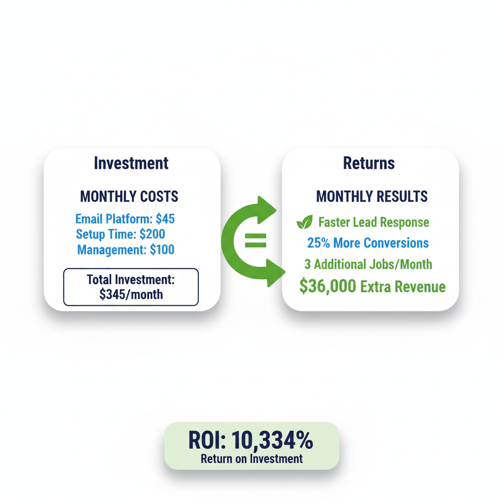 ROI calculator showing roofing email automation investment of $345 monthly generating $36,000 extra revenue for 10,334% return