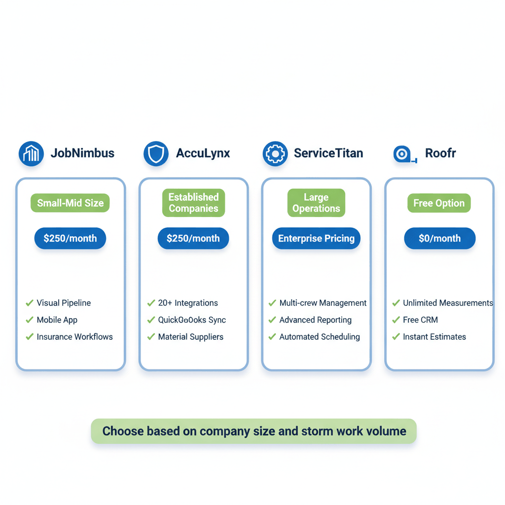 Roofing CRM platform comparison showing JobNimbus, AccuLynx, ServiceTitan and Roofr features and pricing