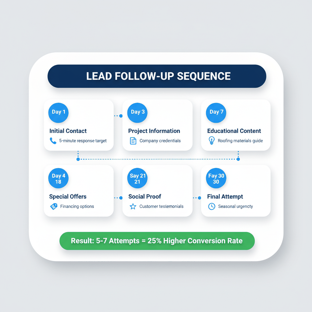 30-day lead follow-up sequence showing 6 touchpoints for roofing CRM automation
