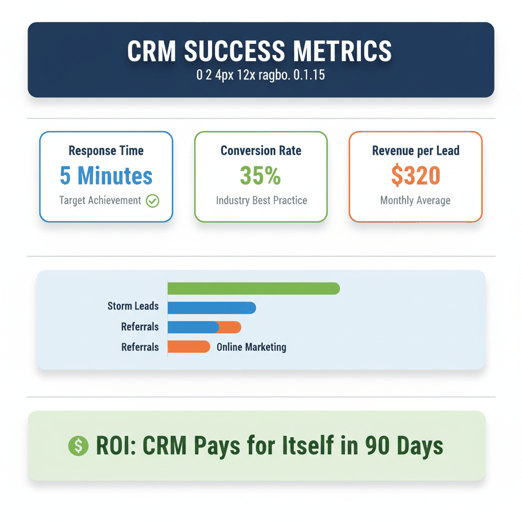 Roofing CRM success metrics dashboard showing response time, conversion rates, and ROI tracking