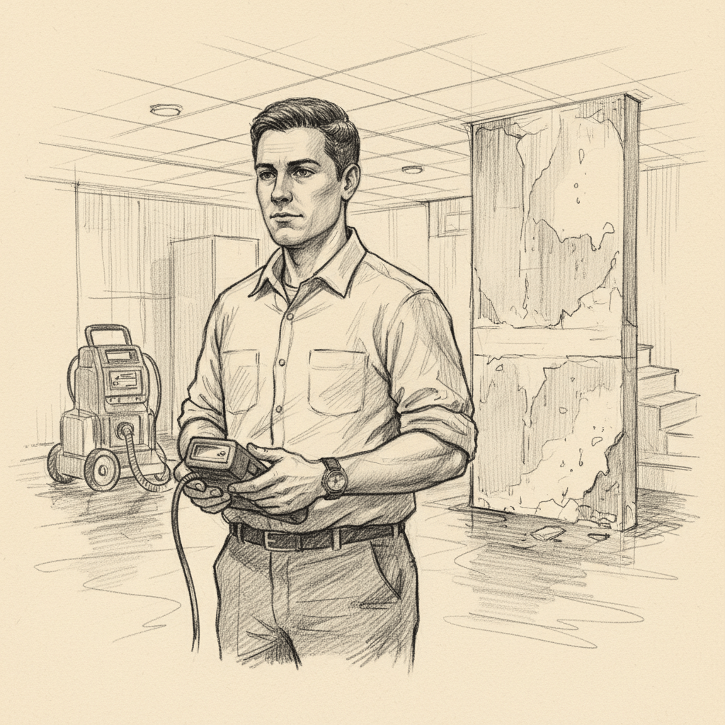 Hand-drawn charcoal sketch of water damage restoration technician examining flooded basement - water damage content marketing psychology