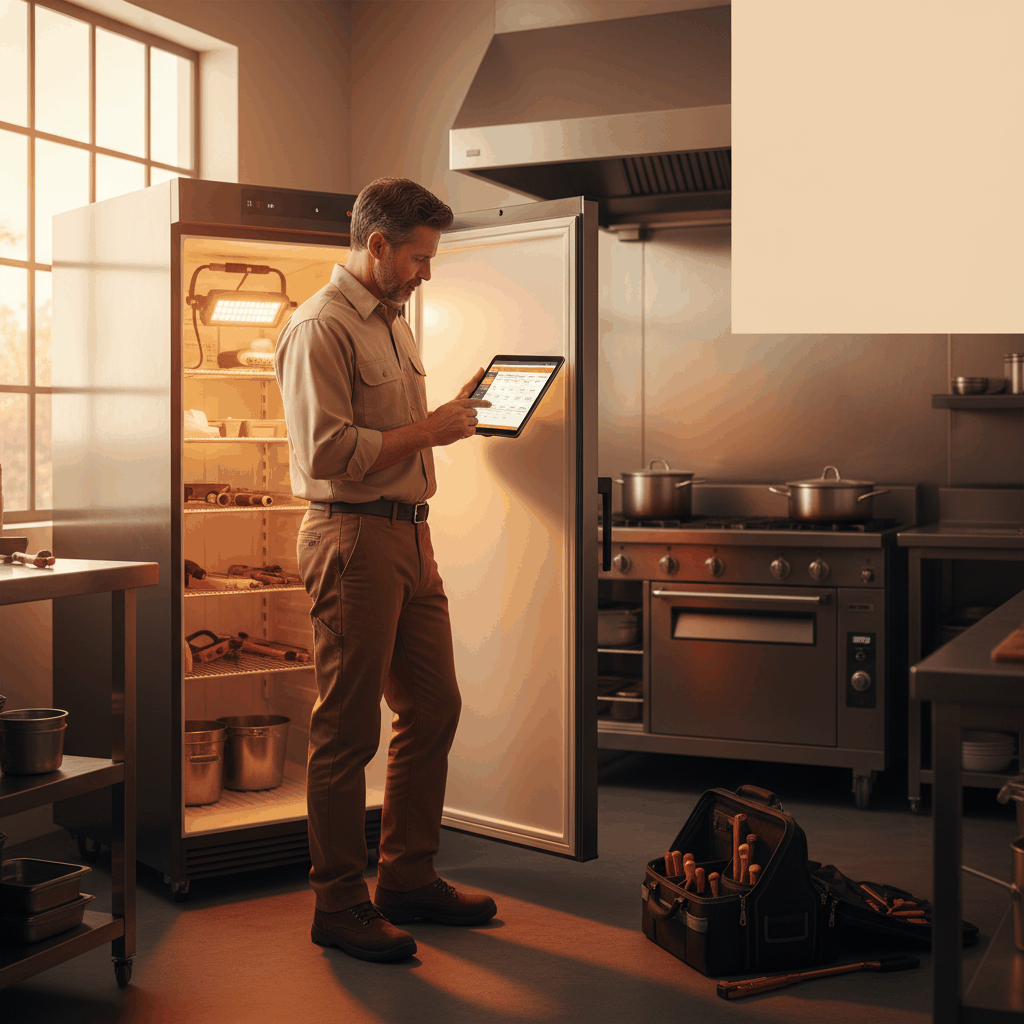Professional appliance repair technician using CRM software on tablet in commercial kitchen - CRM setup guide for appliance repair businesses