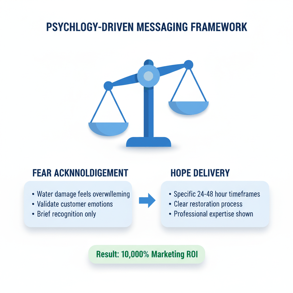 Fear vs hope psychological balance framework infographic for water damage restoration crisis communication and content marketing strategy