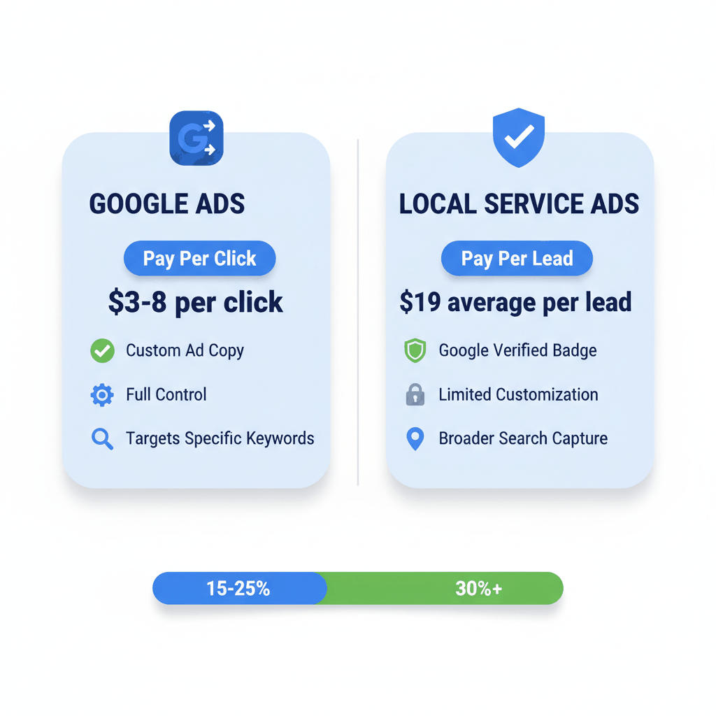 Google Ads versus Local Service Ads comparison chart showing costs, features, and conversion rates for garage door companies