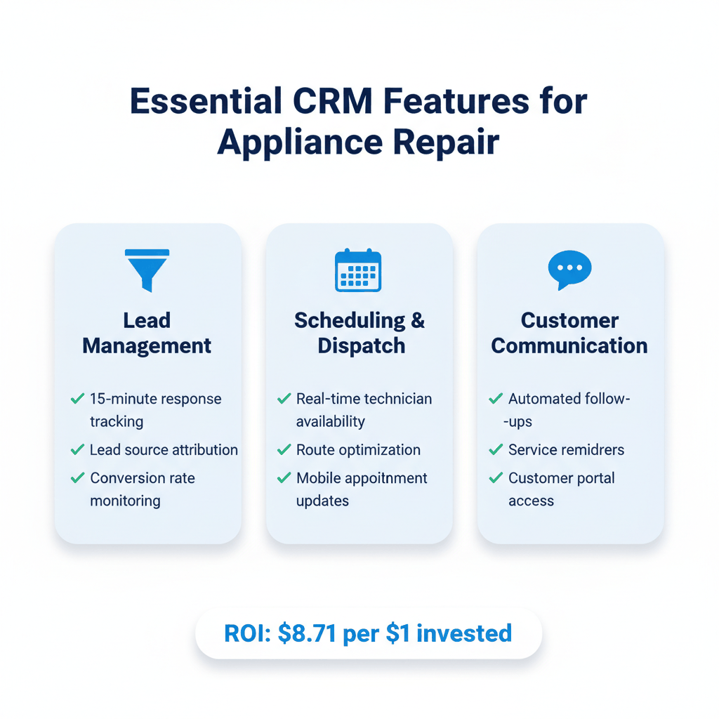 Three-column feature comparison chart showing essential CRM capabilities for appliance repair businesses including lead management, scheduling, and customer communication