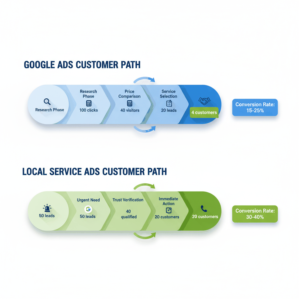 Customer journey funnel showing lead quality differences between Google Ads and Local Service Ads for garage door services