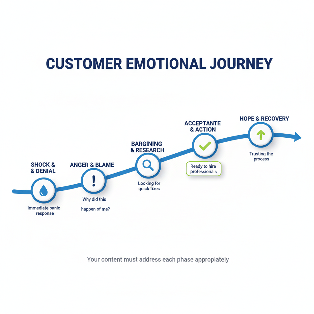 Water damage customer emotional journey timeline from shock to recovery showing five psychological phases for restoration content marketing