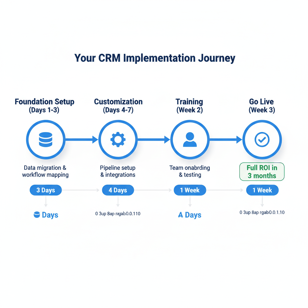 Four-phase CRM implementation timeline showing foundation setup, customization, training, and go-live phases for appliance repair businesses