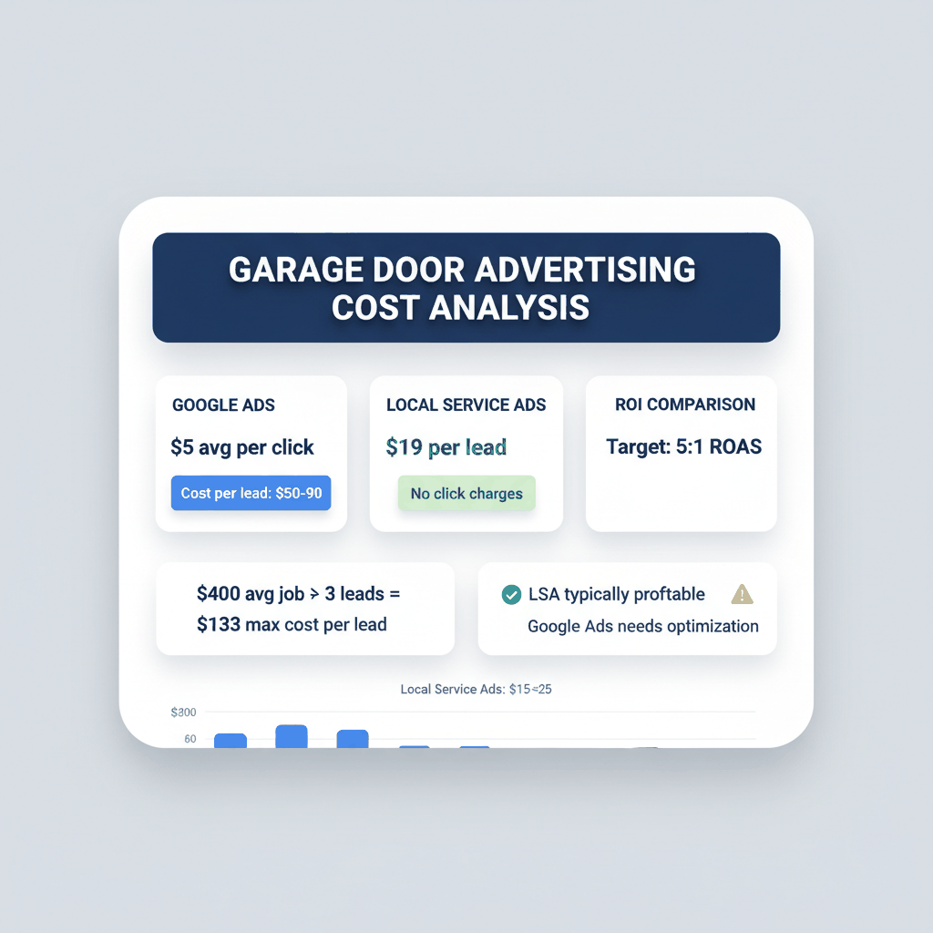 Cost analysis dashboard comparing Google Ads and Local Service Ads pricing for garage door lead generation with ROI calculations