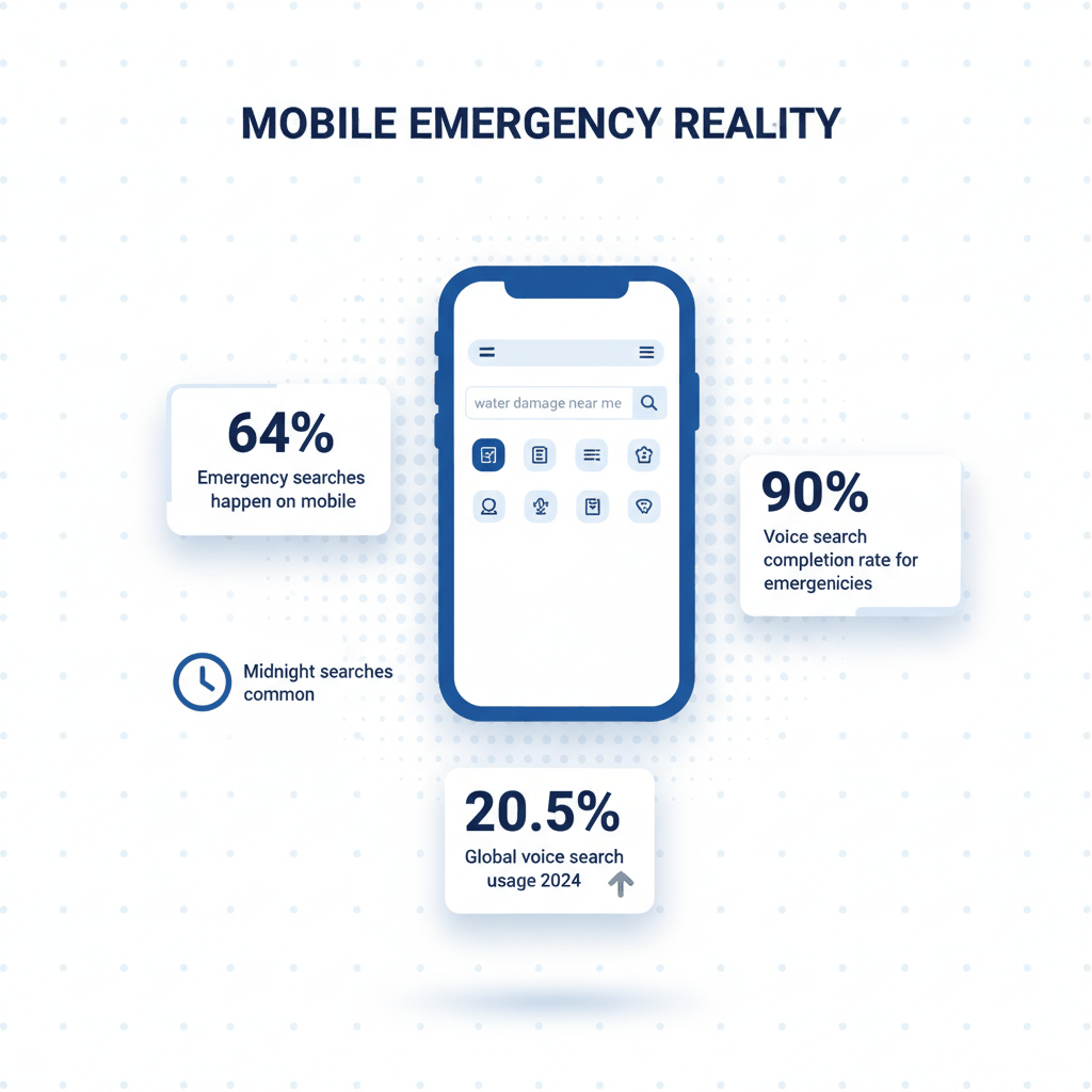 Mobile emergency search statistics showing 64% of water damage searches happen on mobile devices with voice search data for restoration marketing