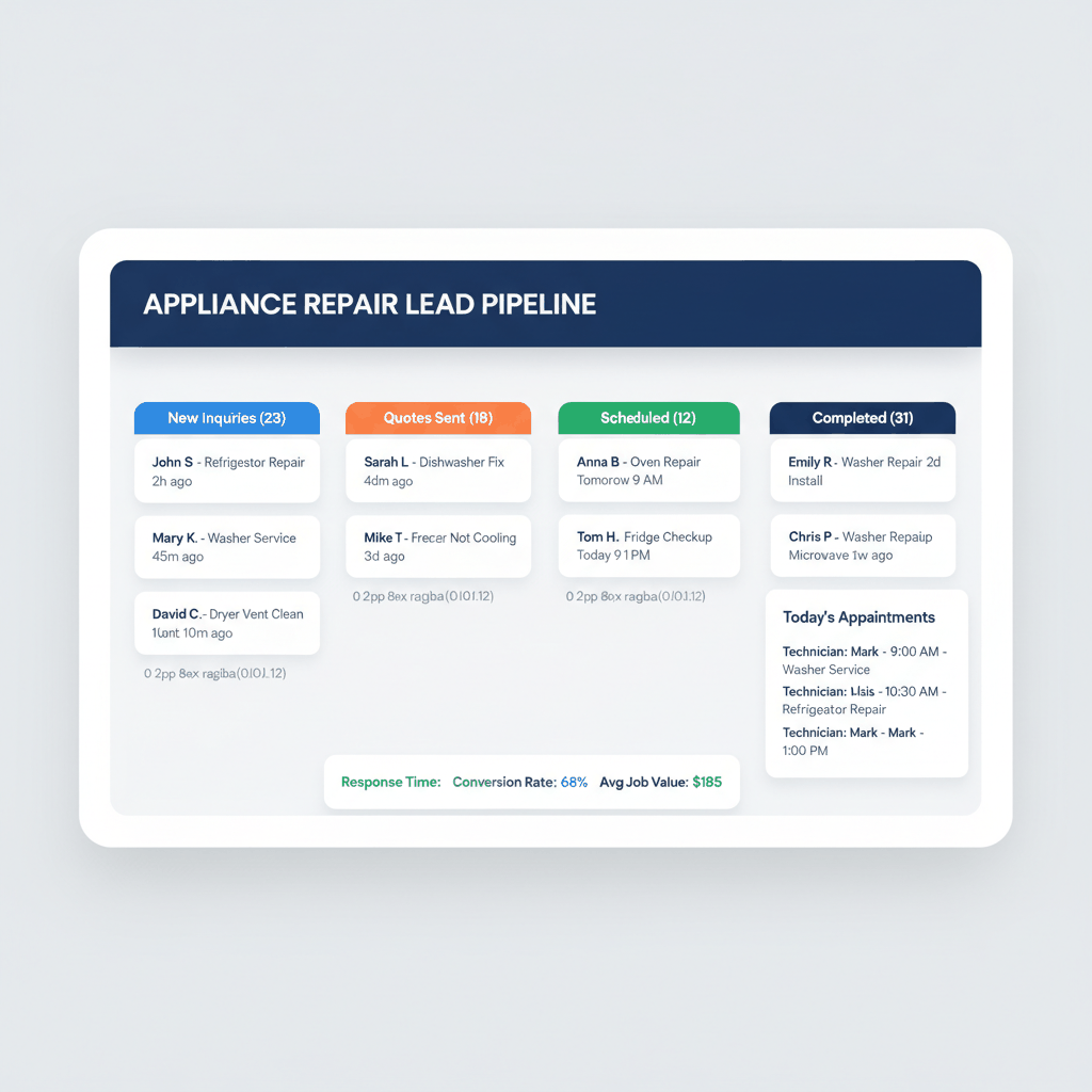 CRM dashboard interface showing appliance repair lead pipeline with stages from new inquiries to completed jobs, including key performance metrics