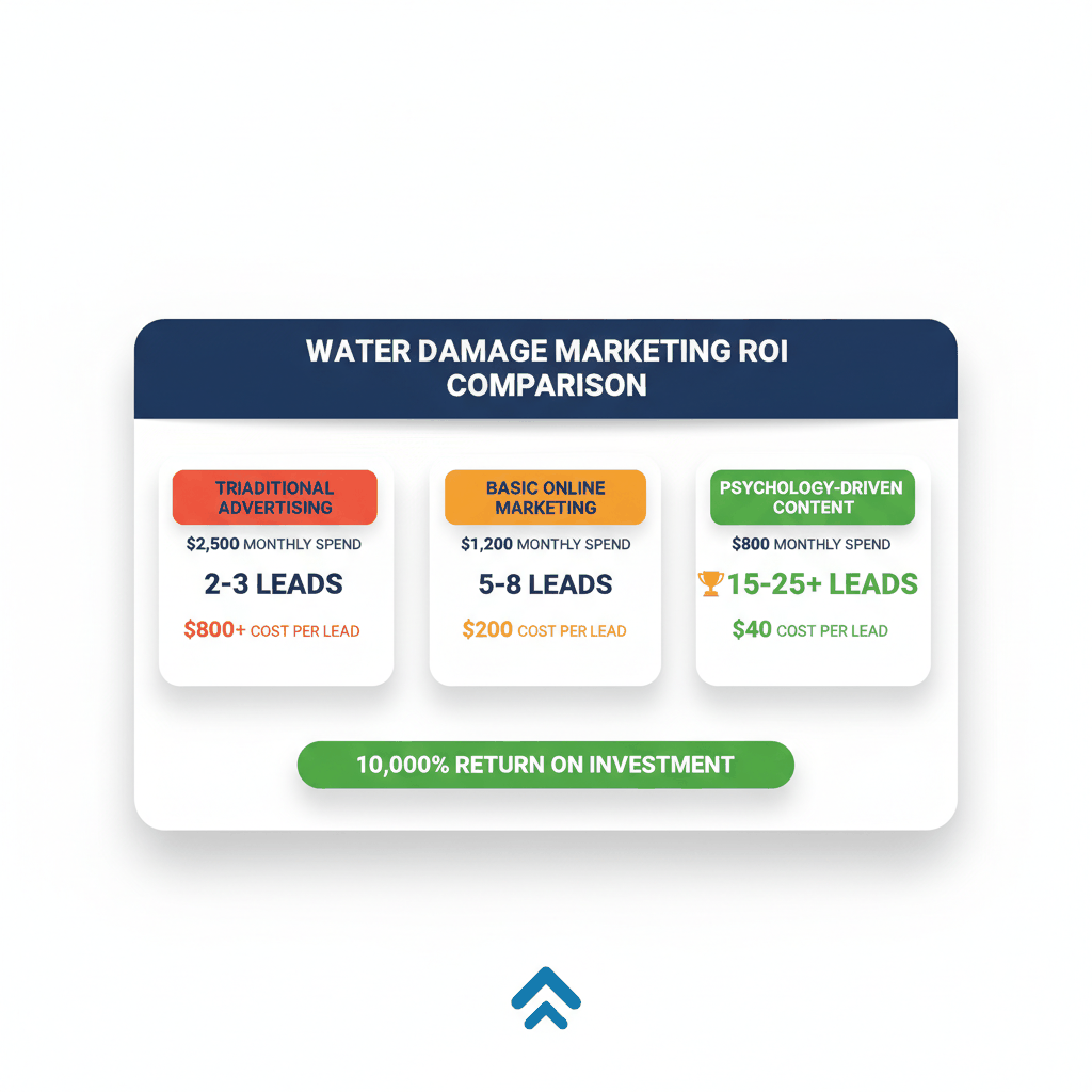 Water damage restoration marketing ROI comparison showing psychology-driven content marketing delivers $40 cost per lead vs $800 traditional advertising