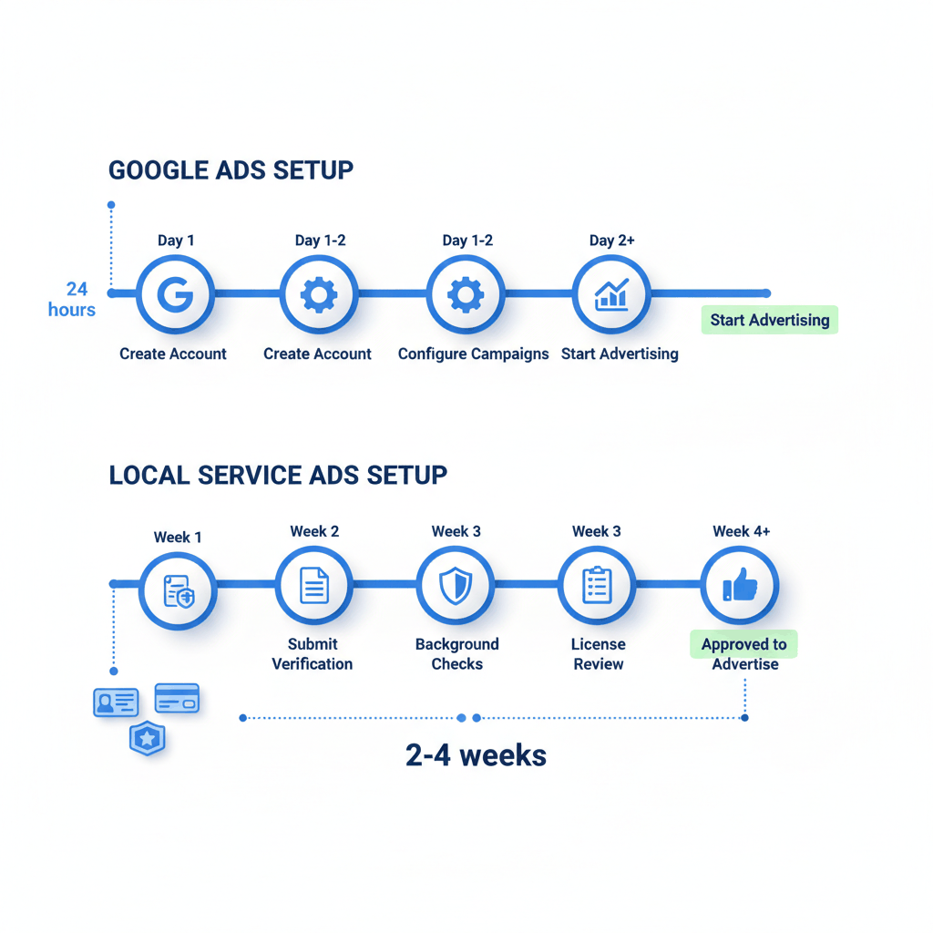 Setup timeline comparison showing Google Ads 24-hour activation versus Local Service Ads 2-4 week verification process