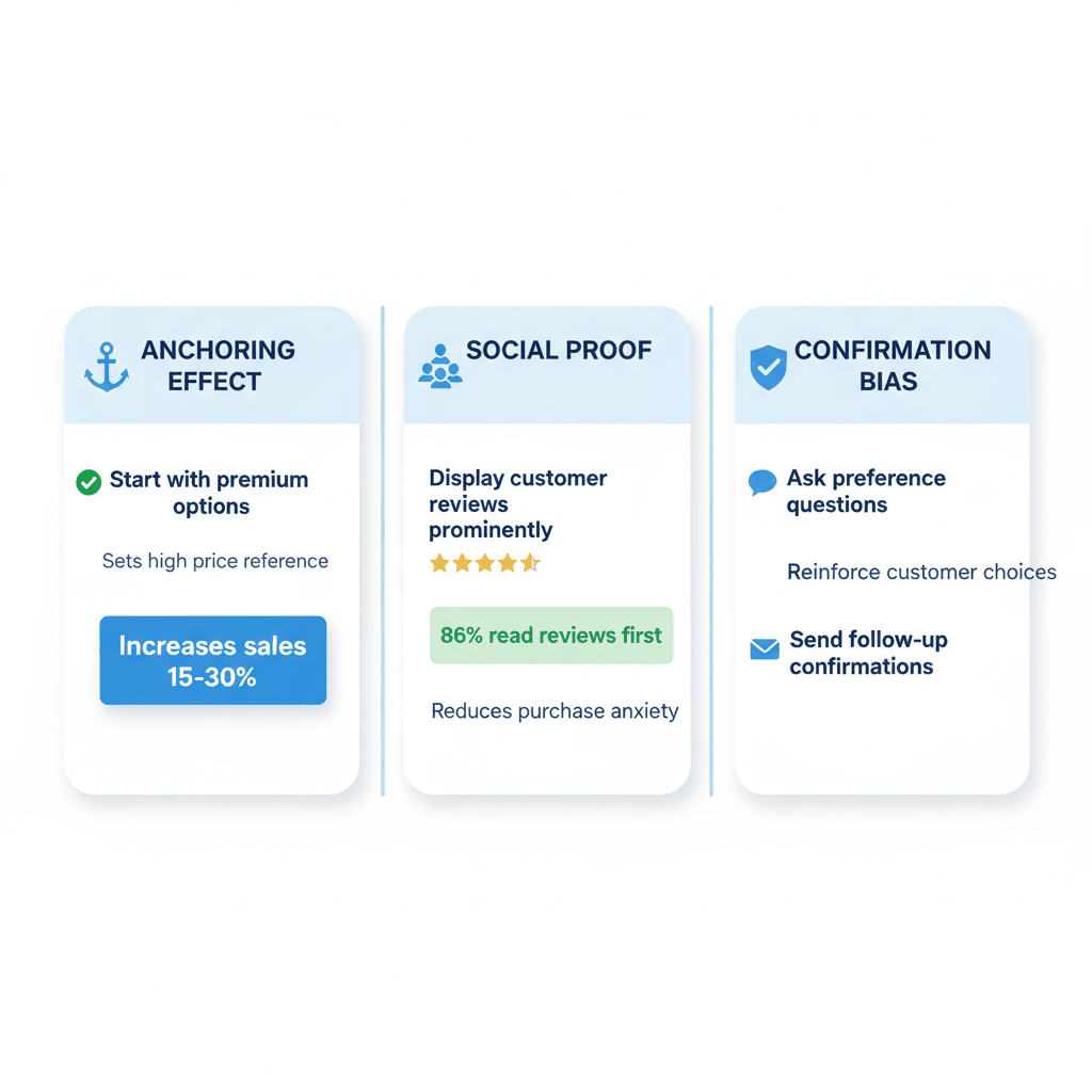 Cognitive biases comparison chart showing anchoring effect social proof confirmation bias flooring sales tactics