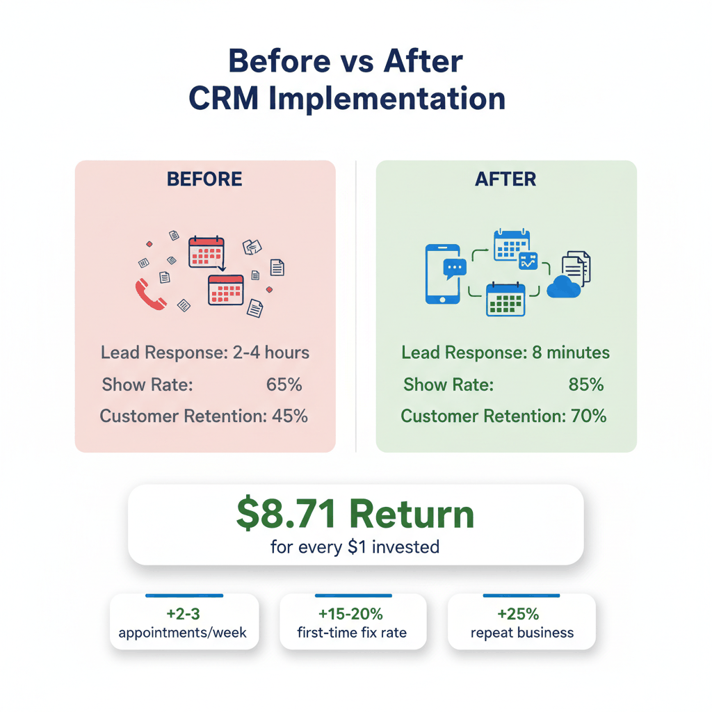 Before and after comparison showing CRM impact on appliance repair business metrics including response time, show rates, and customer retention with ROI calculation
