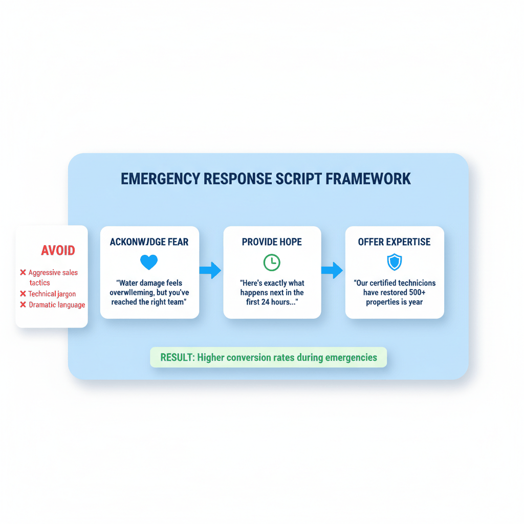 Crisis communication script framework for water damage restoration companies showing three-step emergency response messaging strategy