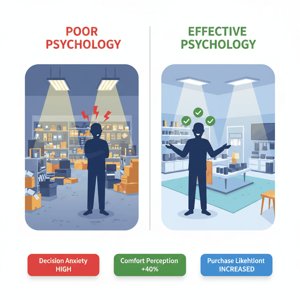 Showroom environment psychology comparison showing poor versus effective customer experience design - flooring showroom psychology