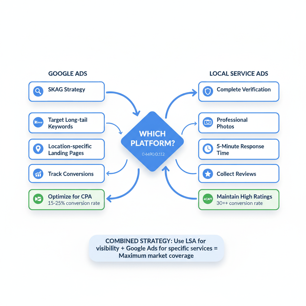 Optimization strategy flowchart showing best practices for Google Ads and Local Service Ads garage door advertising campaigns