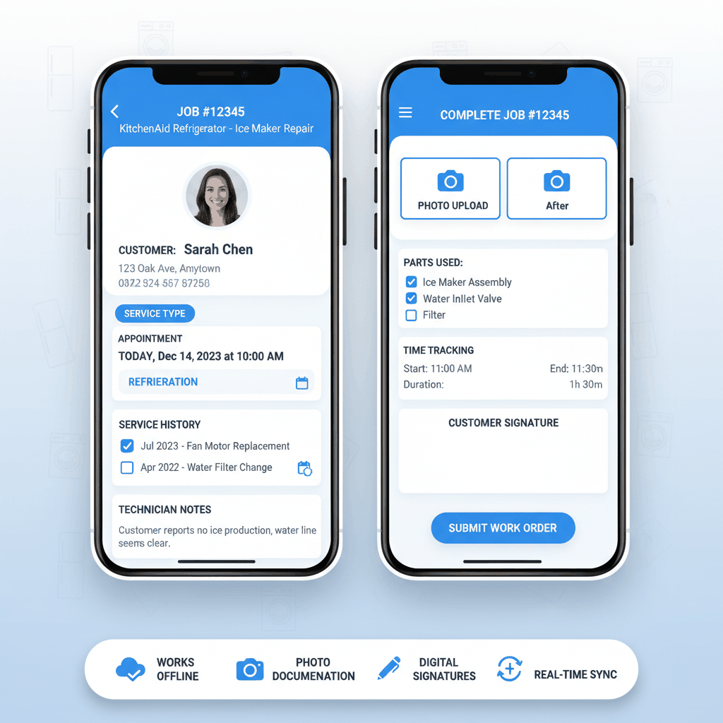Mobile CRM app interface showing job details and work order completion screens for appliance repair technicians in the field