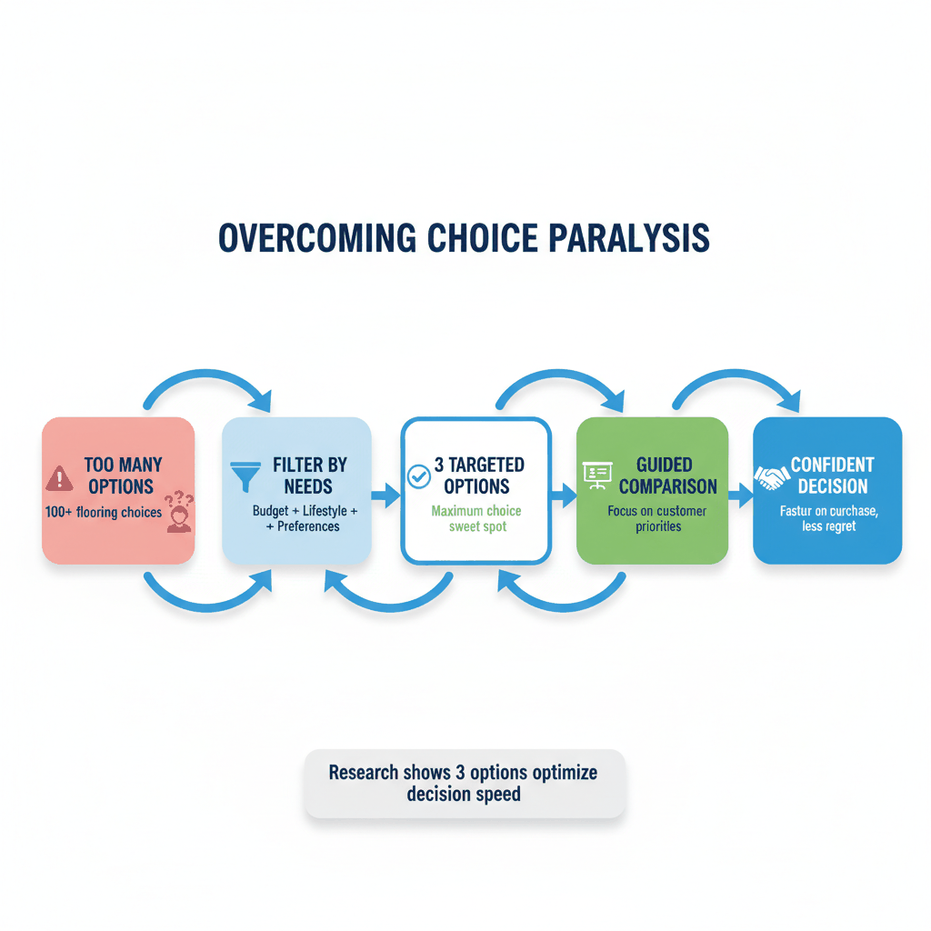 Customer choice paralysis solution showing step by step process from too many options to confident decision - flooring customer overwhelm
