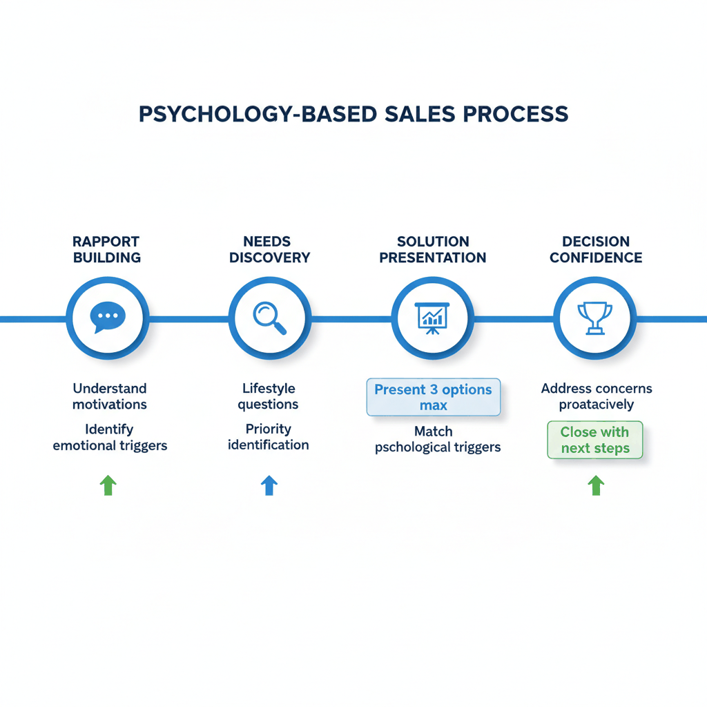 Psychology based sales presentation timeline showing rapport building needs discovery solution presentation decision confidence - flooring sales process