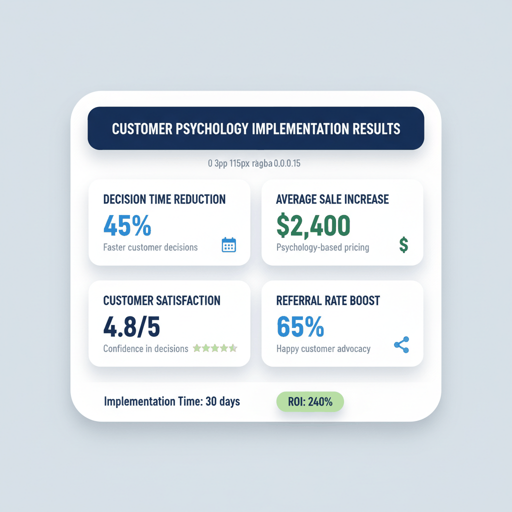 Customer psychology implementation results dashboard showing decision time reduction average sale increase satisfaction referral rates - flooring sales metrics