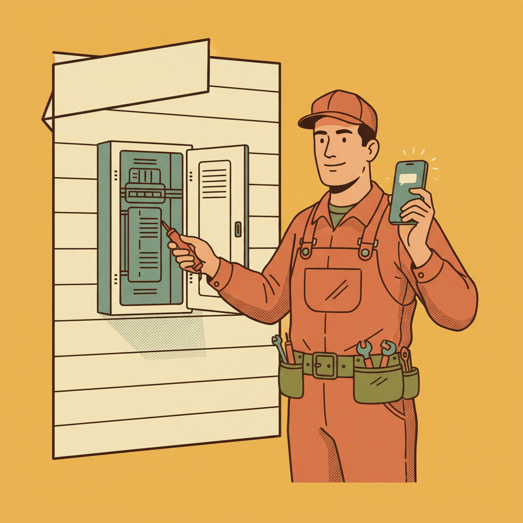 Vintage poster style illustration of electrician using smartphone for customer communication - electrician SMS marketing system