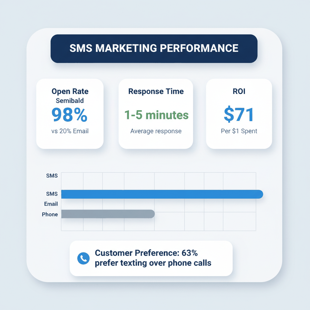 SMS marketing statistics dashboard showing 98% open rates for electrical contractor text messaging campaigns