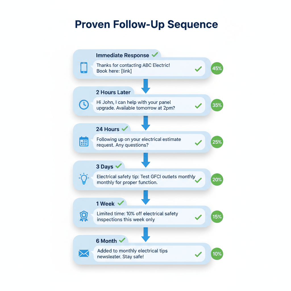 Step-by-step text message follow-up sequence for electrical contractors showing timing and message examples