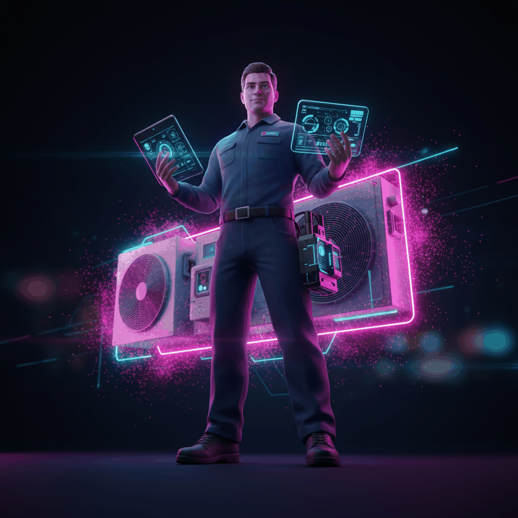 Professional HVAC technician with diagnostic equipment in dramatic neon cyberpunk style - HVAC customer psychology understanding