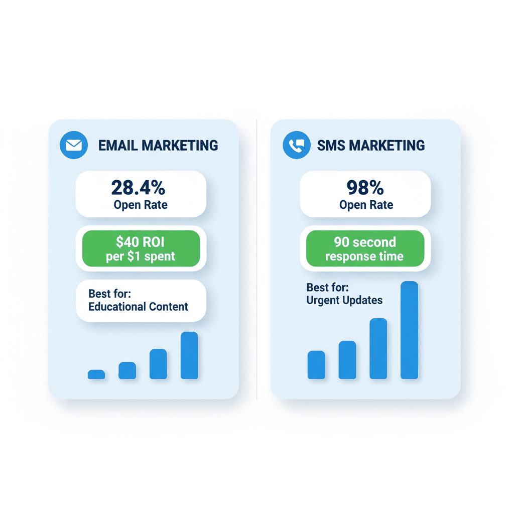 Email vs SMS marketing performance comparison showing open rates and ROI for plumbing businesses - automated marketing channels comparison