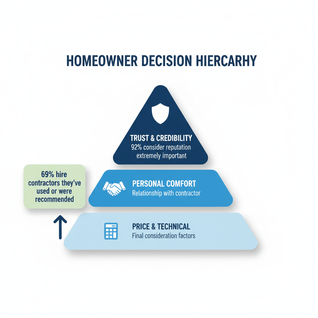 HVAC customer decision hierarchy pyramid showing trust, comfort, and price factors in homeowner buying behavior