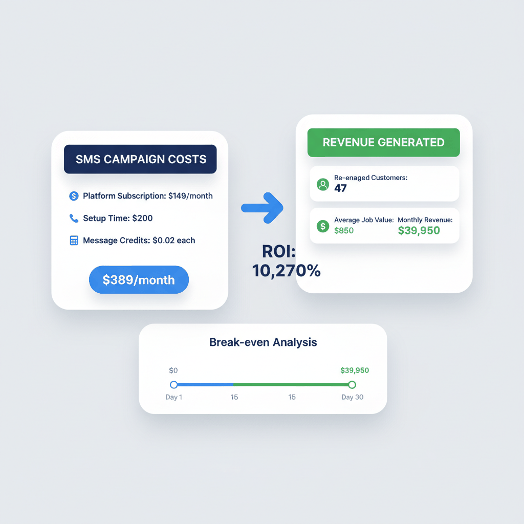 ROI dashboard showing electrical contractor SMS marketing investment versus revenue returns with 10,270% ROI calculation