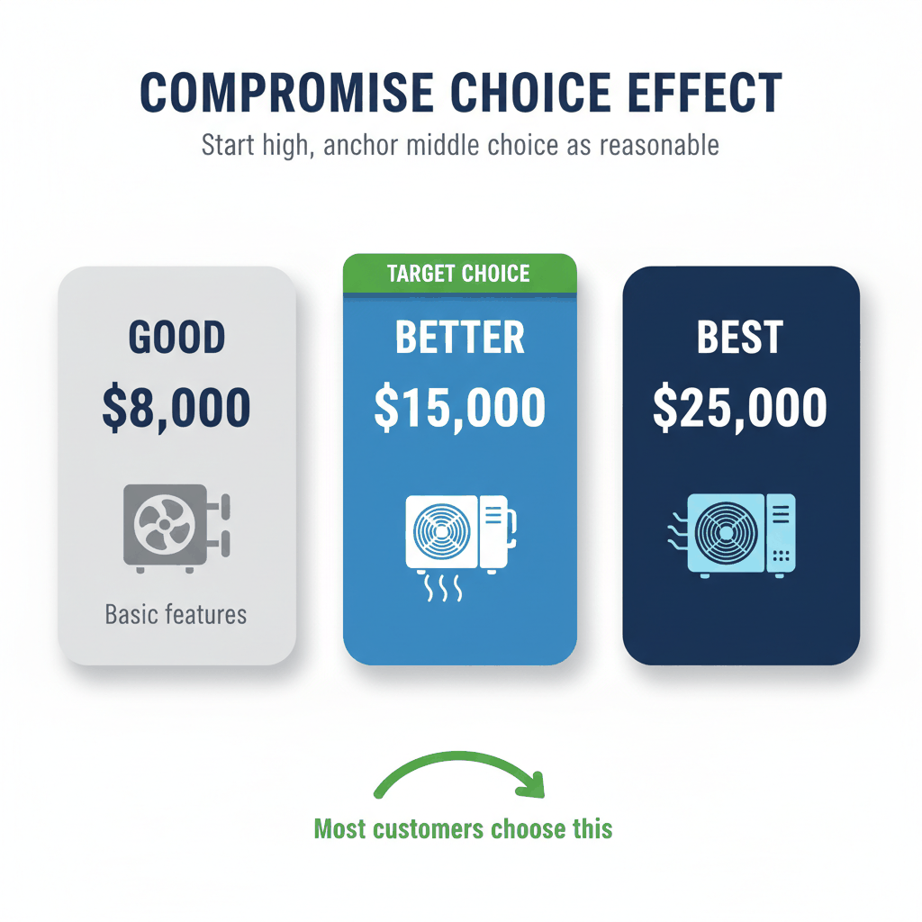 HVAC good better best pricing psychology showing compromise choice effect and strategic anchoring techniques