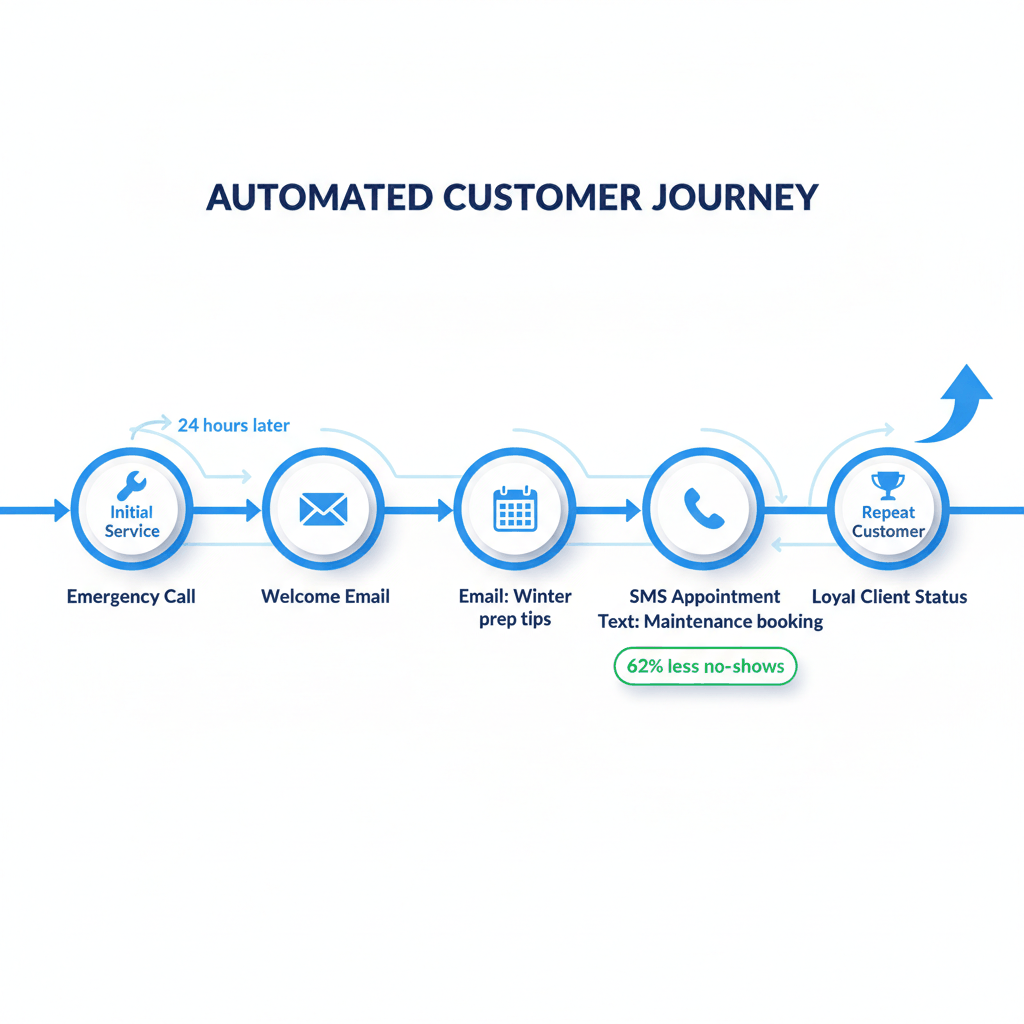 Customer journey timeline showing automated email and SMS touchpoints from initial service to repeat customer - plumbing marketing automation workflow