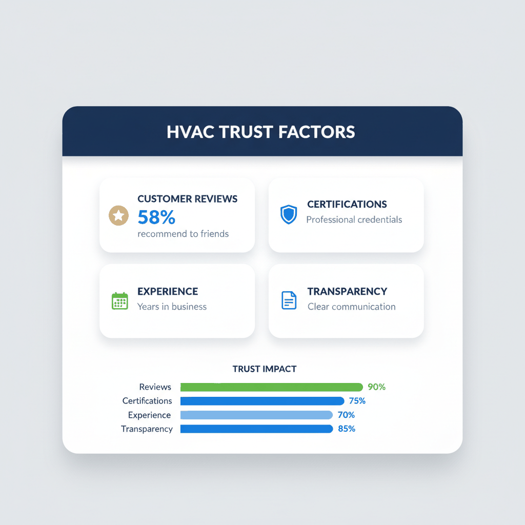 HVAC trust factors dashboard showing customer reviews, certifications, experience, and transparency impact on sales