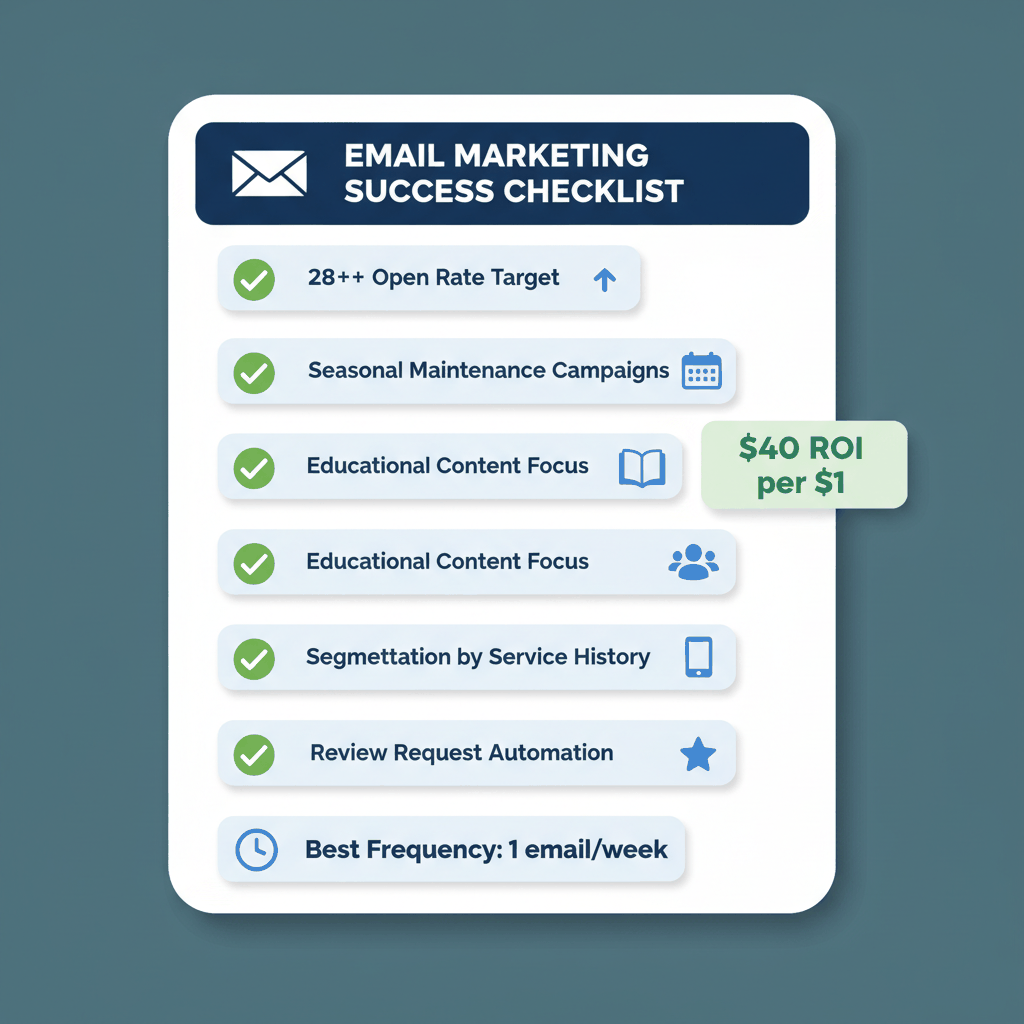 Email marketing best practices checklist for plumbers showing open rate targets and campaign strategies - plumbing email automation guide