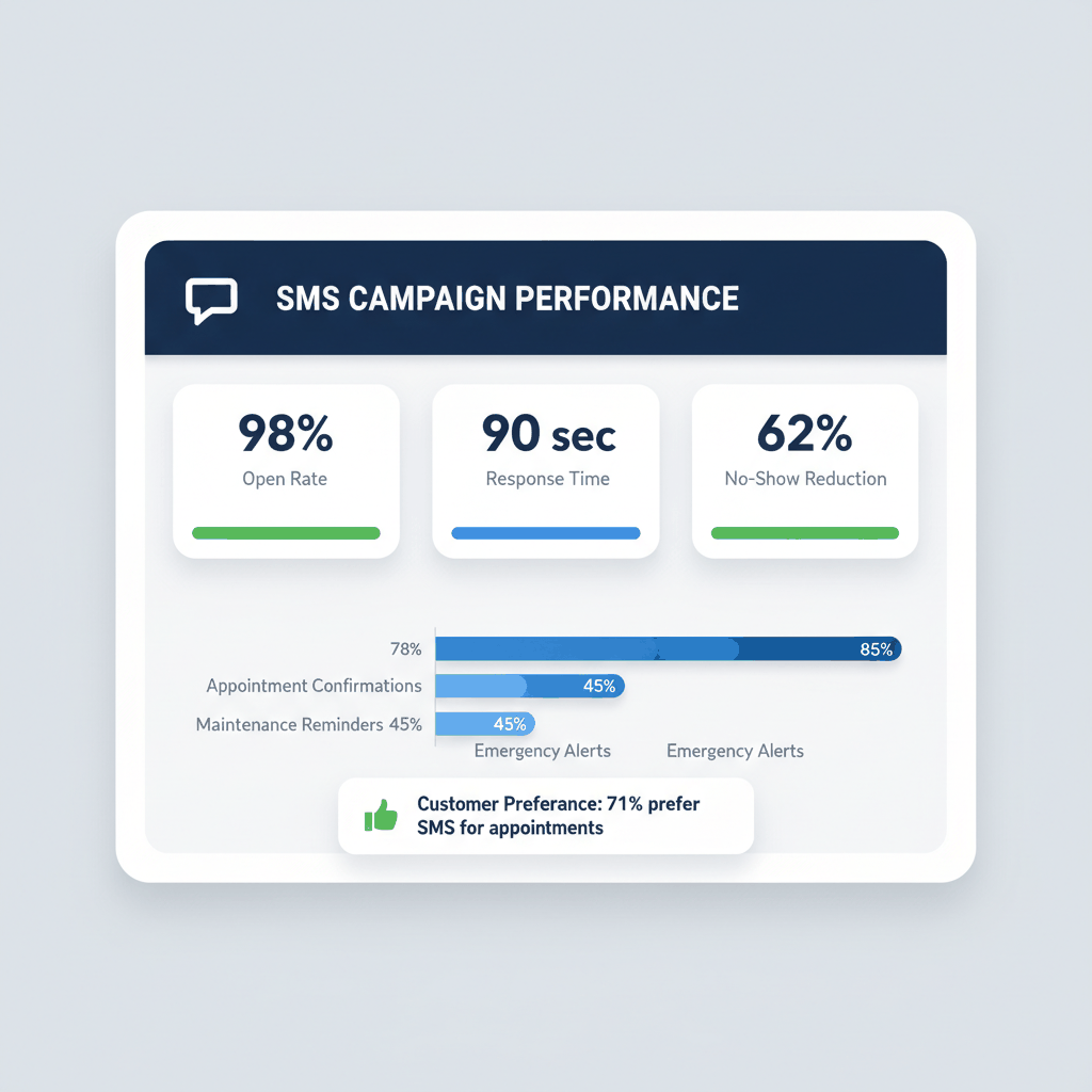 SMS marketing performance dashboard showing 98% open rates and response times for plumbing appointment confirmations - text message marketing metrics