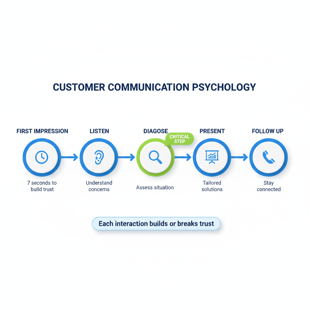 HVAC customer communication process flow showing psychological touchpoints from first impression to follow-up