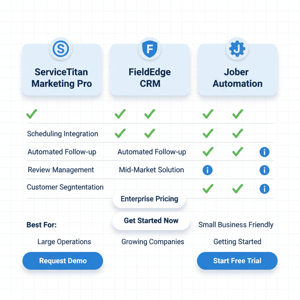 Marketing automation platform comparison showing ServiceTitan, FieldEdge, and Jobber features for plumbing businesses - automation software selection guide